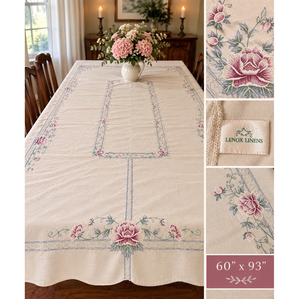 Vintage Lenox Linens Floral Embroidered Tablecloth 60x93 Cotton Cottagecore
